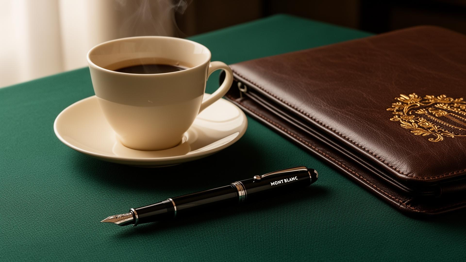 Coffee, leather portfolio and Mont Blanc pen