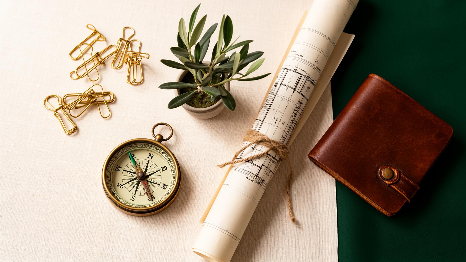 Compass, blueprints and leather portfolio