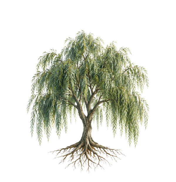 Growth: a large willow with spreading, cascading branches
