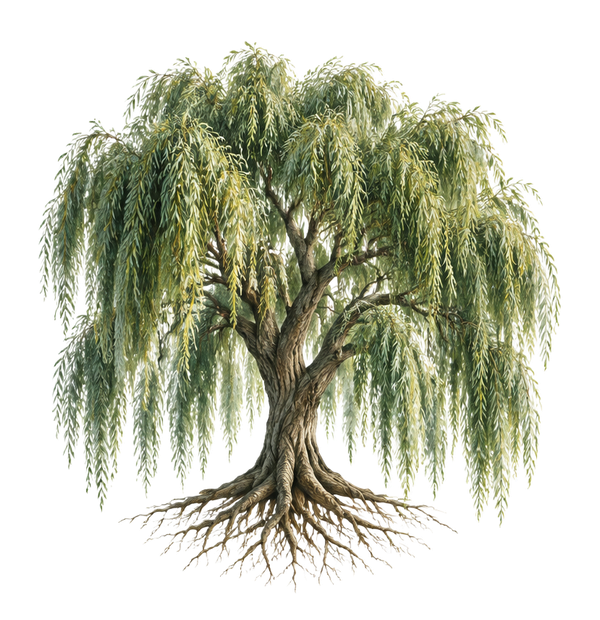 Legacy: a full-grown heritage willow with a dense sheltering canopy and deep connected roots, symbolizing family and legacy